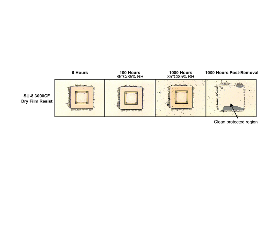 Figure 2. HAST corrosion testing comparison showing SU-8 3000CF dry film resist maintaining corrosion-free protection for up to 1,000 hours, while conventional SU-8 3000 exhibits significant corrosion after 100 hours.